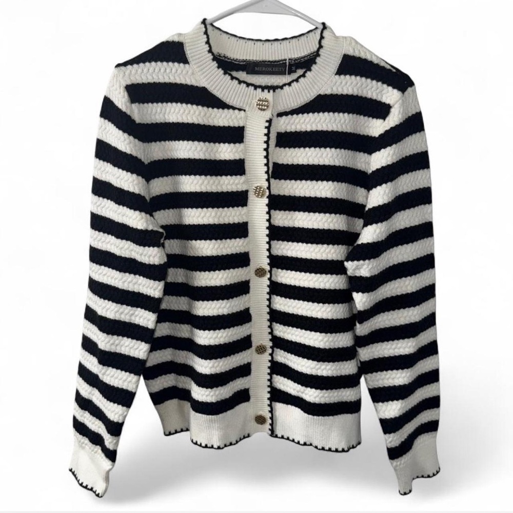 BNWT - Black and White Striped Button-Up Women's Sweater